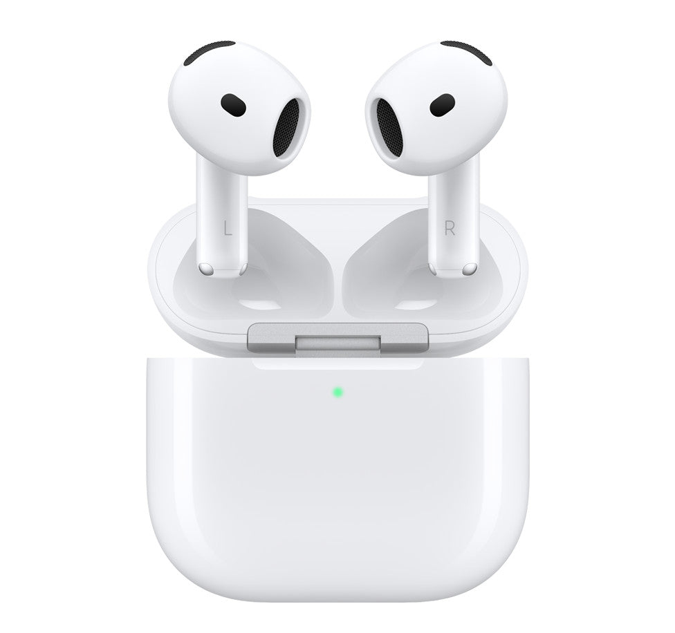 White wireless earbuds upright in open charging case, left and right marked