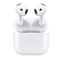White wireless earbuds upright in open charging case, left and right marked