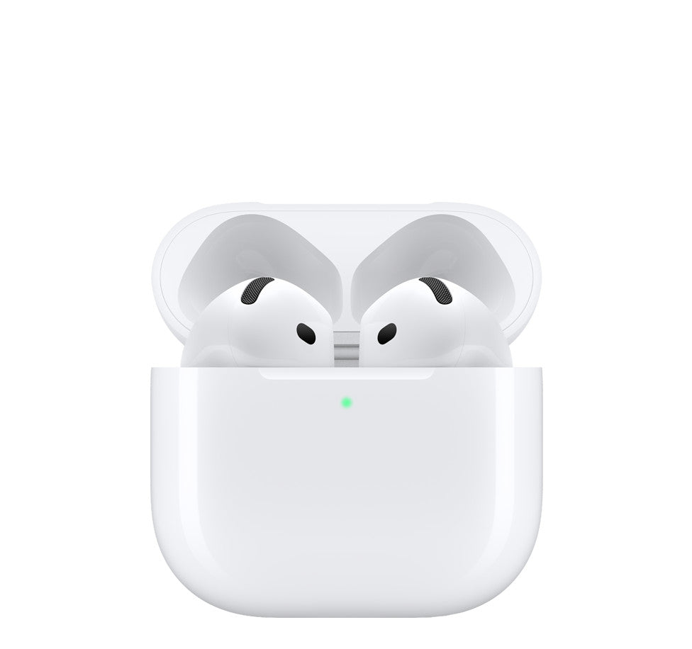 White wireless earbuds in open charging case, front view