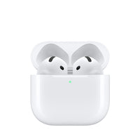 White wireless earbuds in open charging case, front view