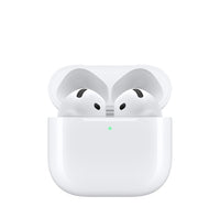 White wireless earbuds in charging case, earbuds facing forward