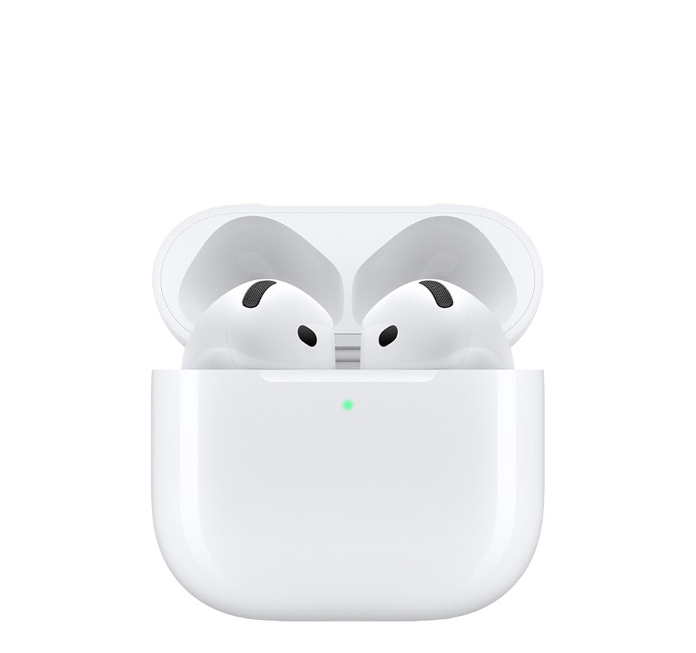 White wireless earbuds in charging case, earbuds centered