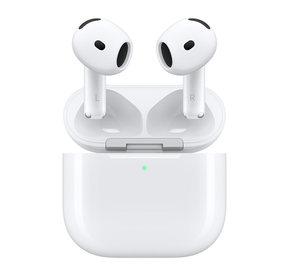 White wireless earbuds with speaker grilles in open charging case, left/right marked