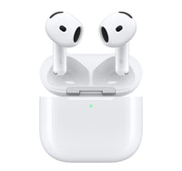 White wireless earbuds with speaker grilles in open charging case, left/right marked