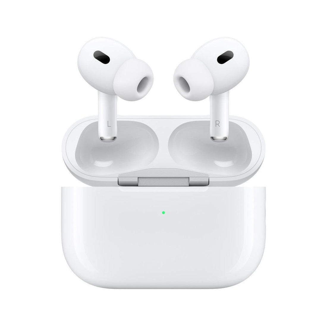 White AirPods Pro earbuds in open MagSafe charging case