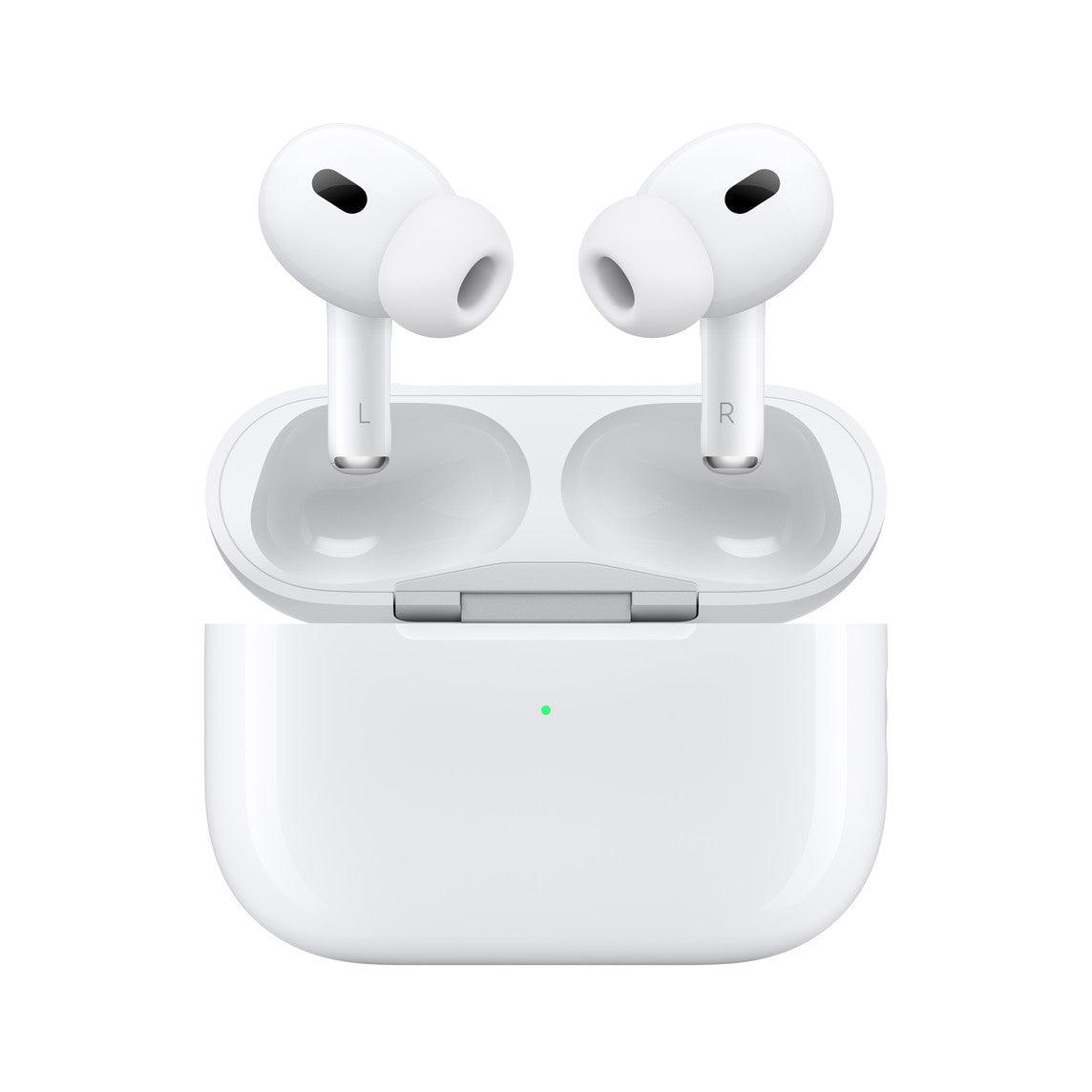 White AirPods Pro earbuds in open MagSafe charging case
