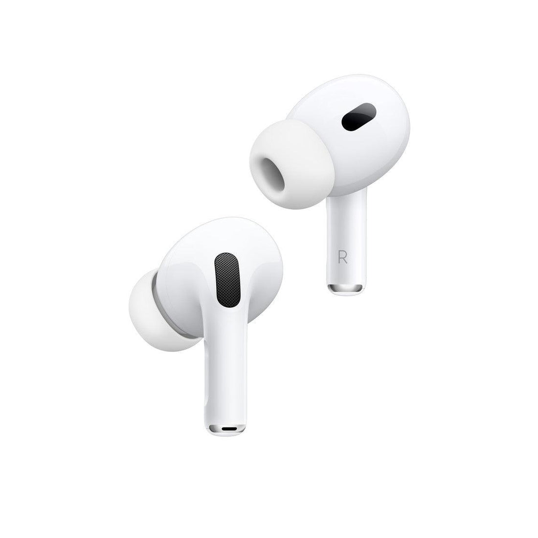 White AirPods Pro earbuds, one showing outer mesh speaker grille
