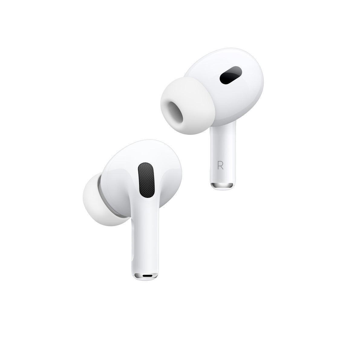 White AirPods Pro earbuds, one showing outer mesh speaker grille