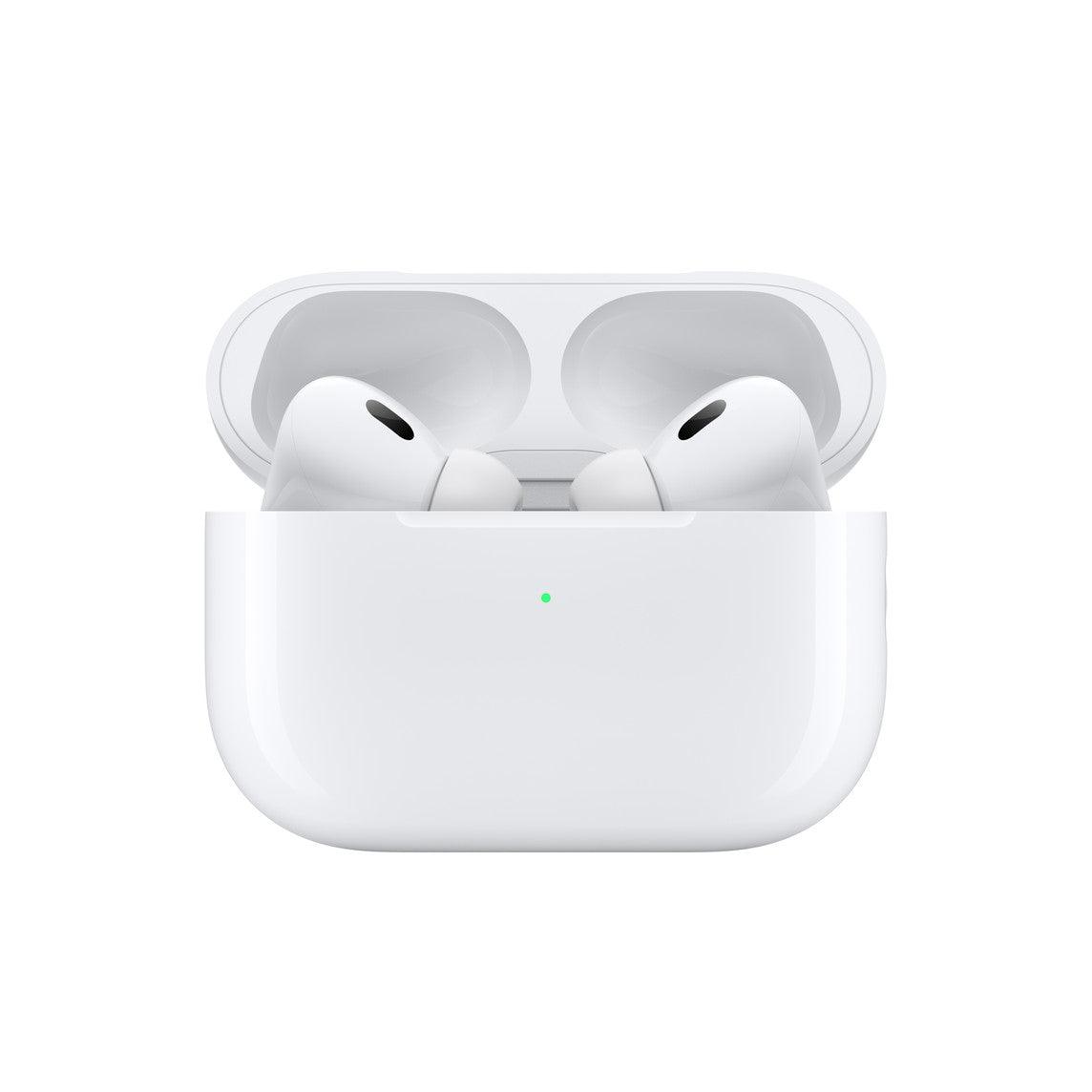 White AirPods Pro earbuds inside open charging case