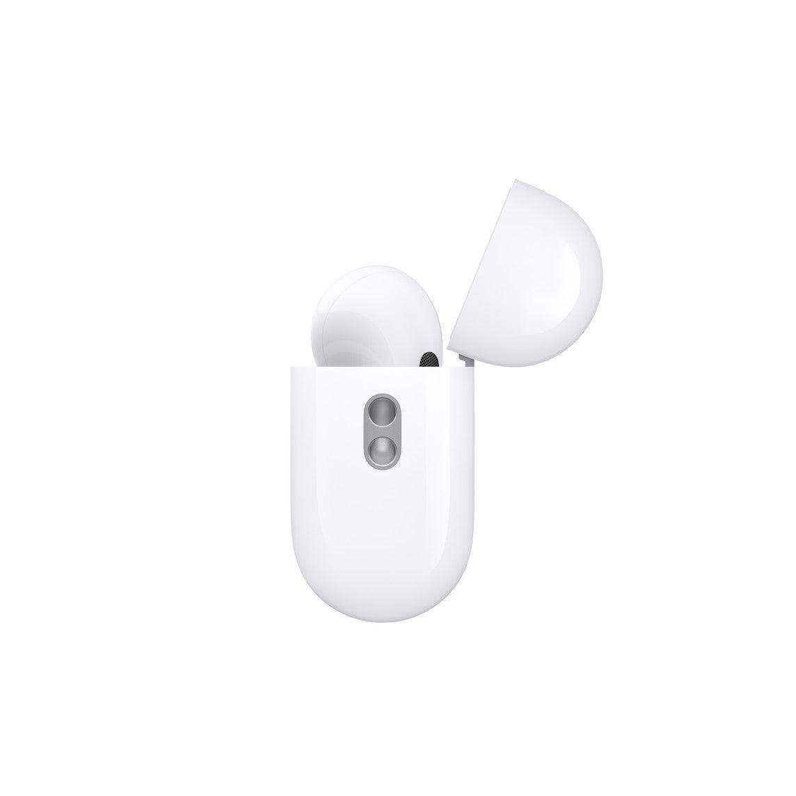 White AirPods Pro earbuds with charging case open, showing earbud grille