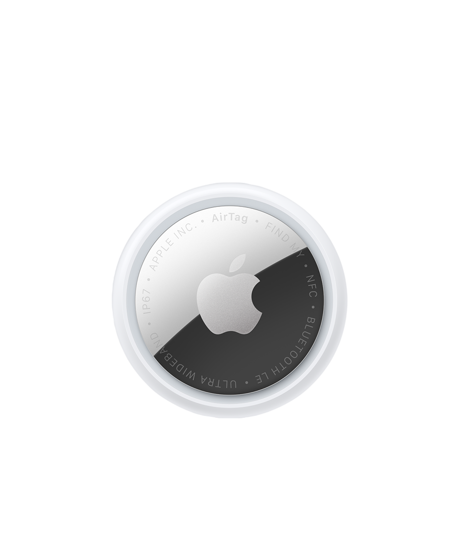 Apple AirTag 2nd gen coin tracker, round white device with Apple logo