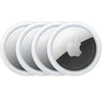 4-pack Apple AirTag trackers, white round devices with outer protective rings