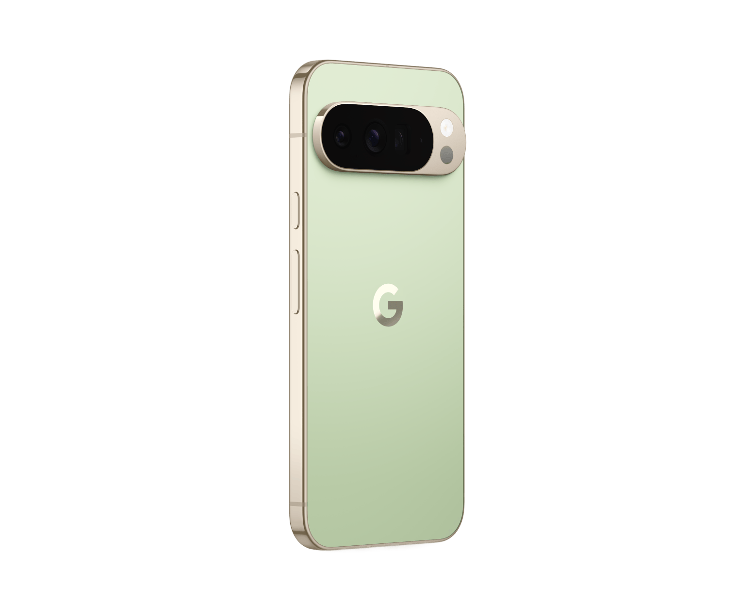 Light green smartphone back angled with camera bar and side buttons.