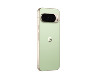 Light green smartphone back angled with camera bar and side buttons.