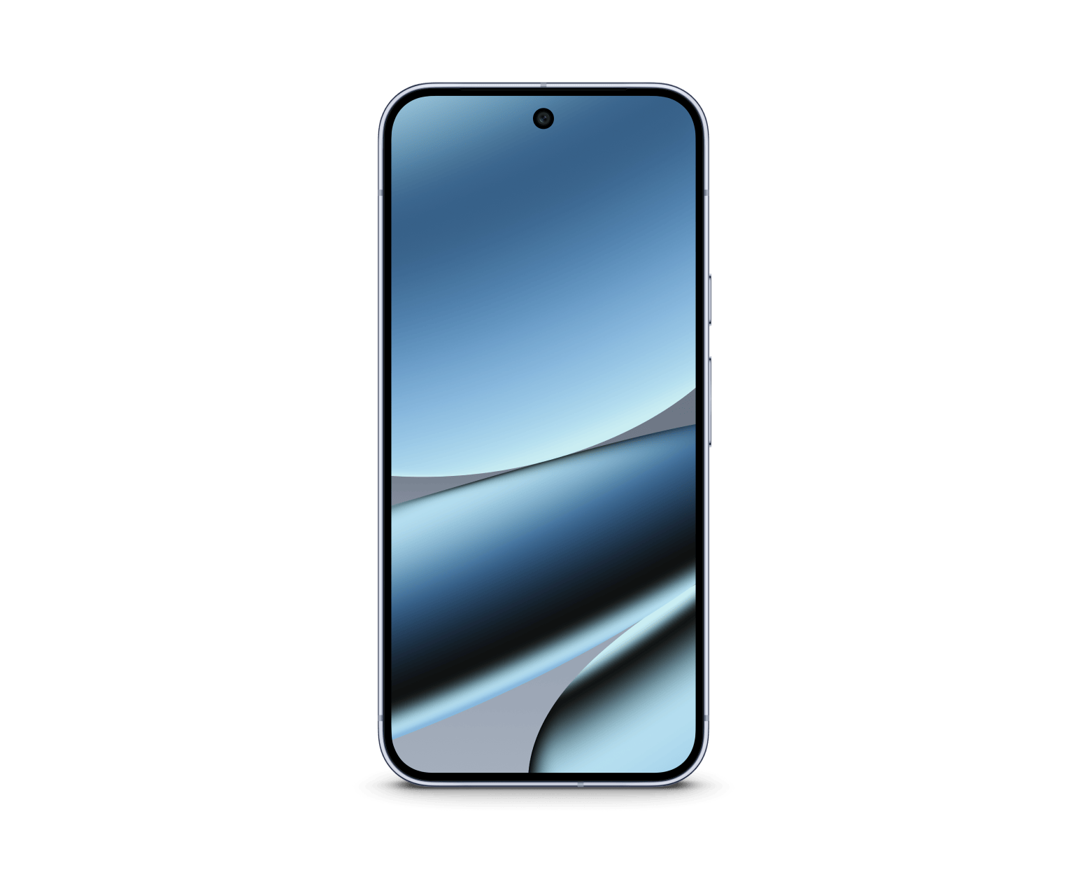 Blue gradient smartphone front with curved display and top speaker slot.