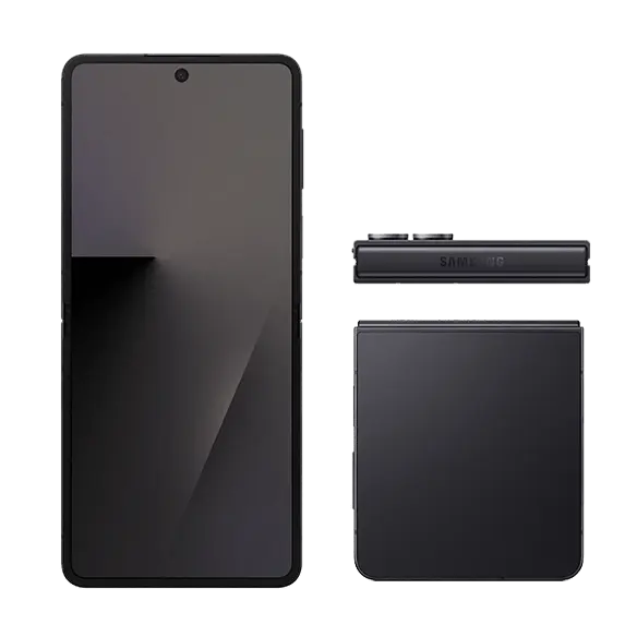Jet Black foldable smartphone set, front, side, and rear views visible