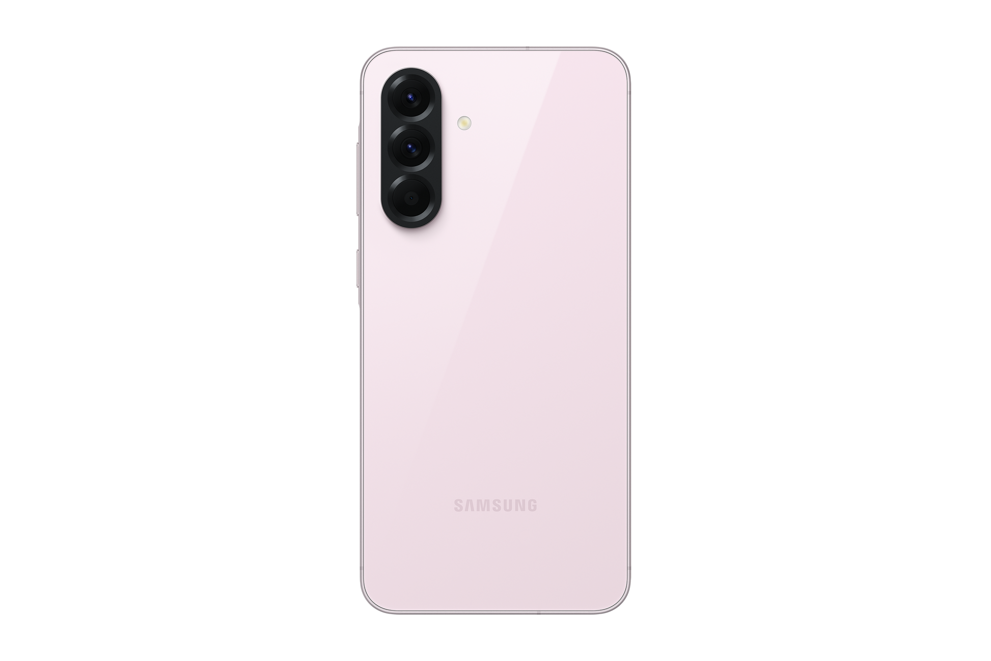 Pink smartphone back with vertical triple camera module and Samsung logo