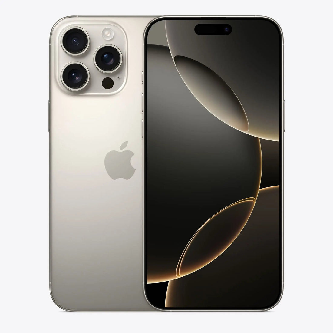 iPhone 16 Pro Max 5G in light silver, triple-camera back with black front screen