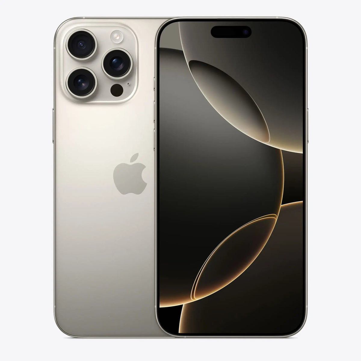 iPhone 16 Pro Max 5G in light silver, triple-camera back with black front screen