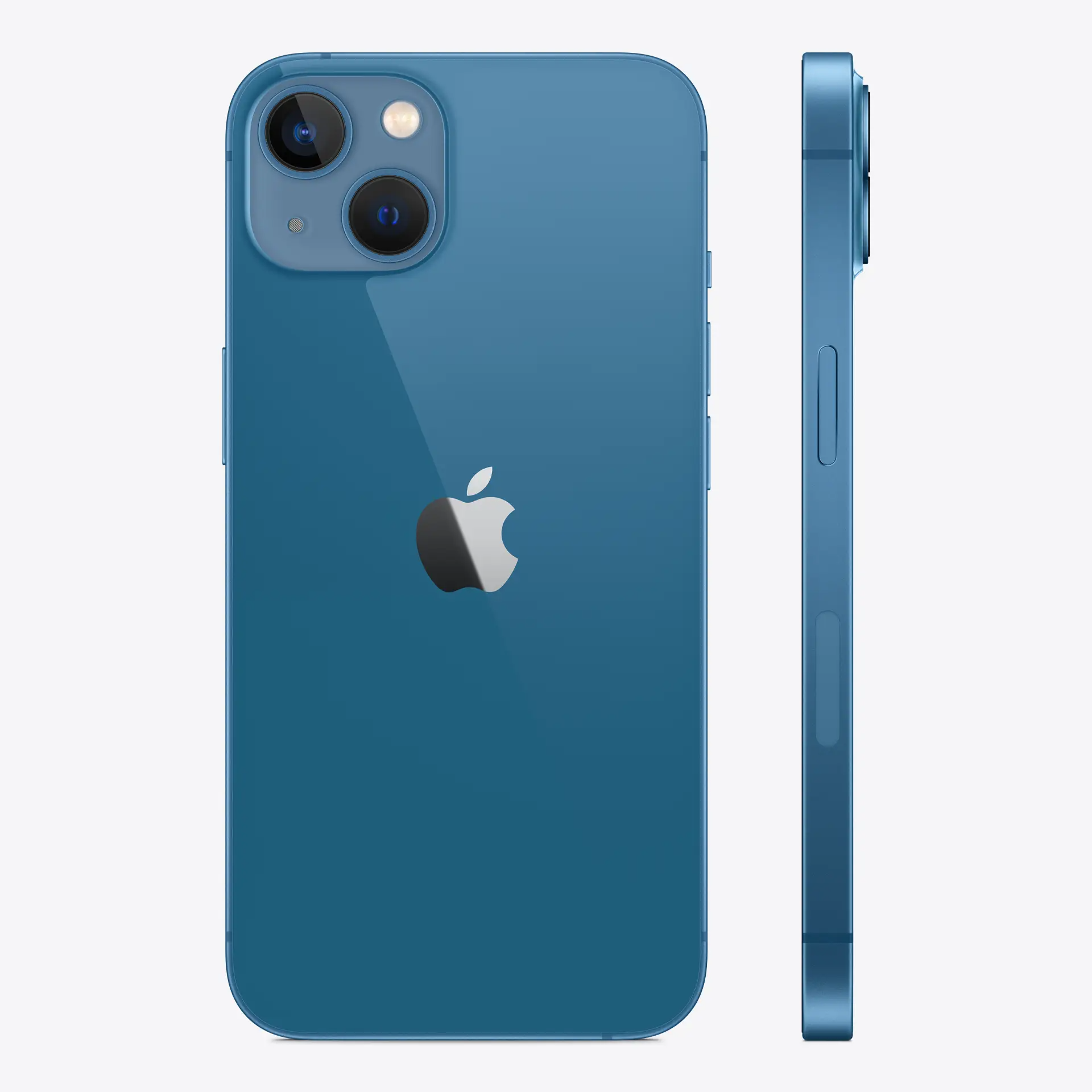 iPhone 13 5G back and side view in blue with dual rear cameras
