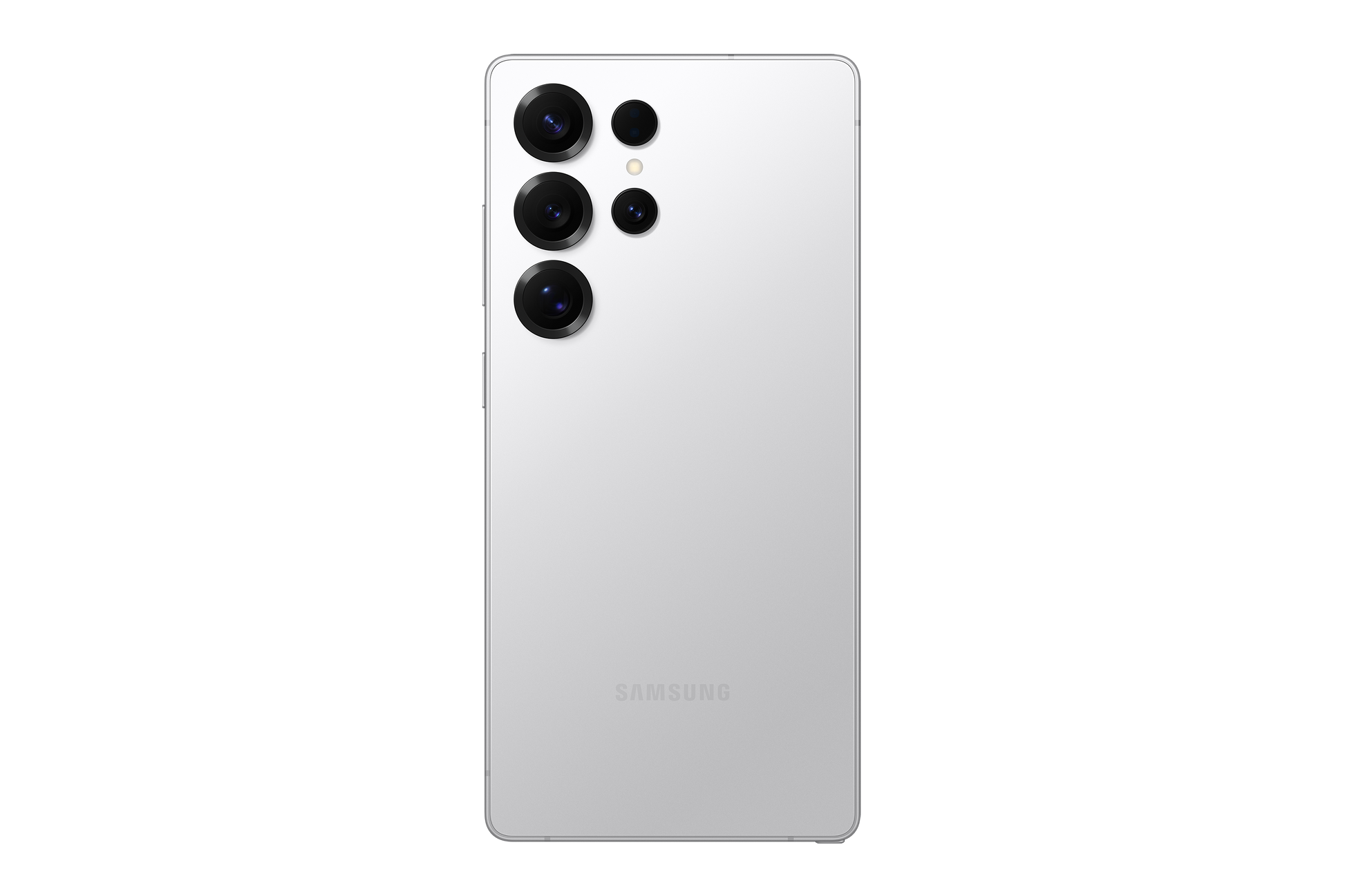 White Galaxy S25 Ultra rear view showing four camera lenses and smooth back