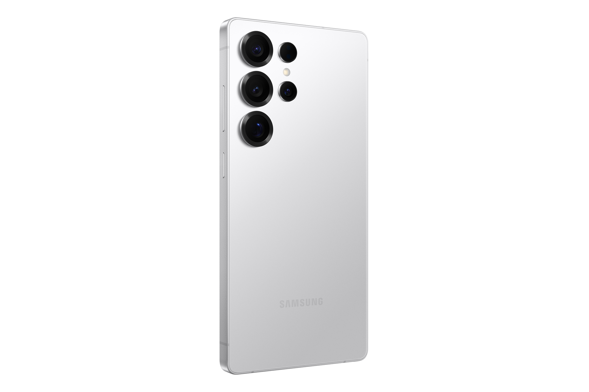 Silver Galaxy S25 Ultra rear view with quad cameras and slim metal side