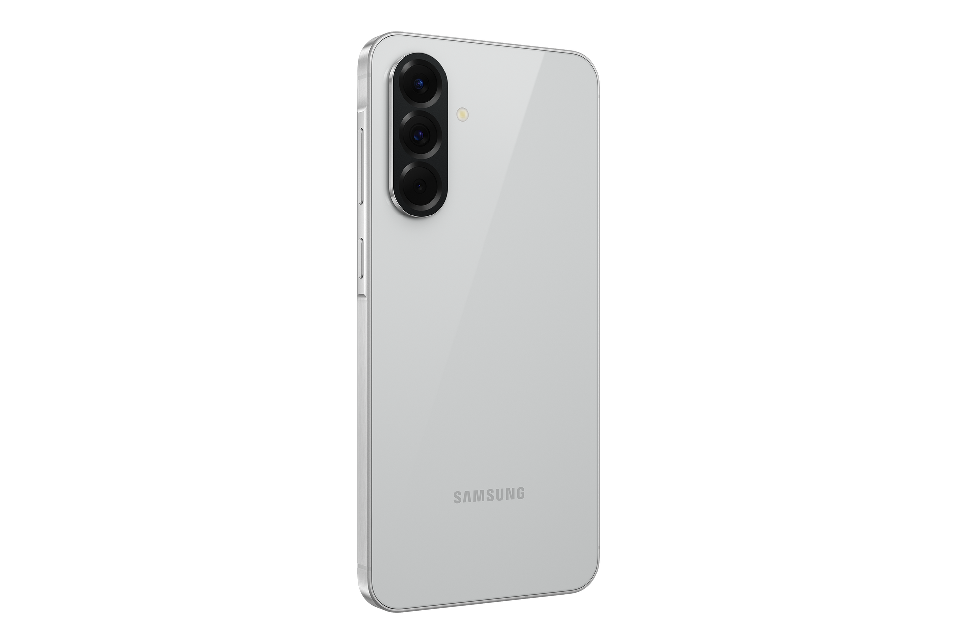 Samsung Galaxy A56 dual SIM smartphone in Lightgrey, angled back view with triple camera module