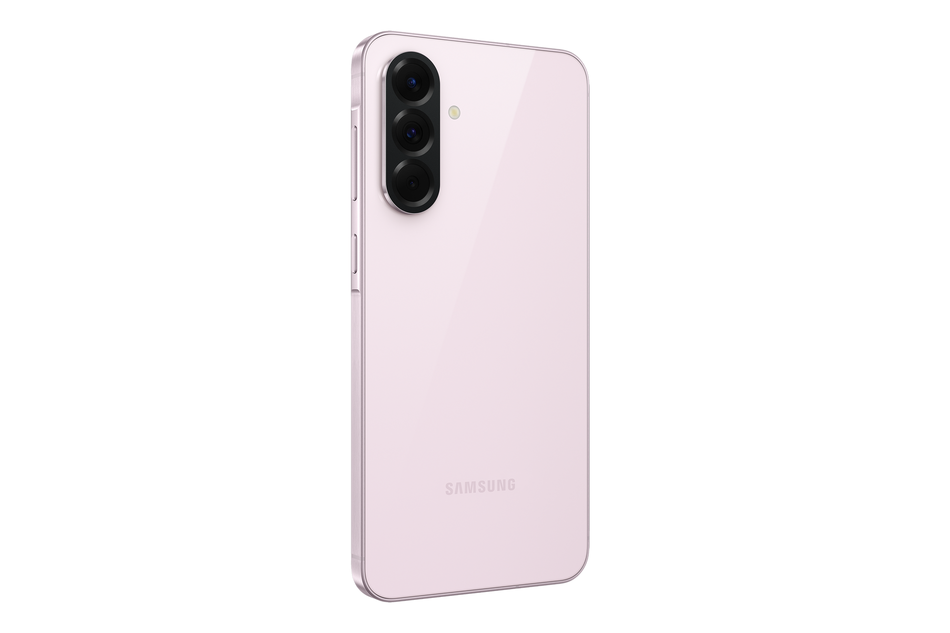 Pink smartphone, angled back view with vertical triple camera array