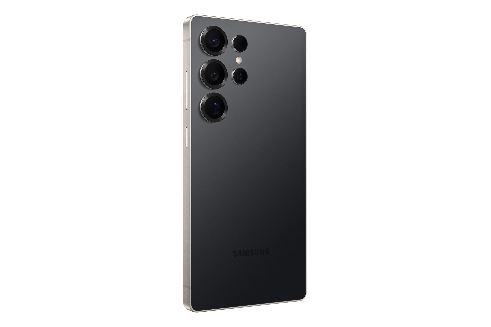 Dark gray Samsung Galaxy S25 Ultra back with quad cameras and metal side buttons