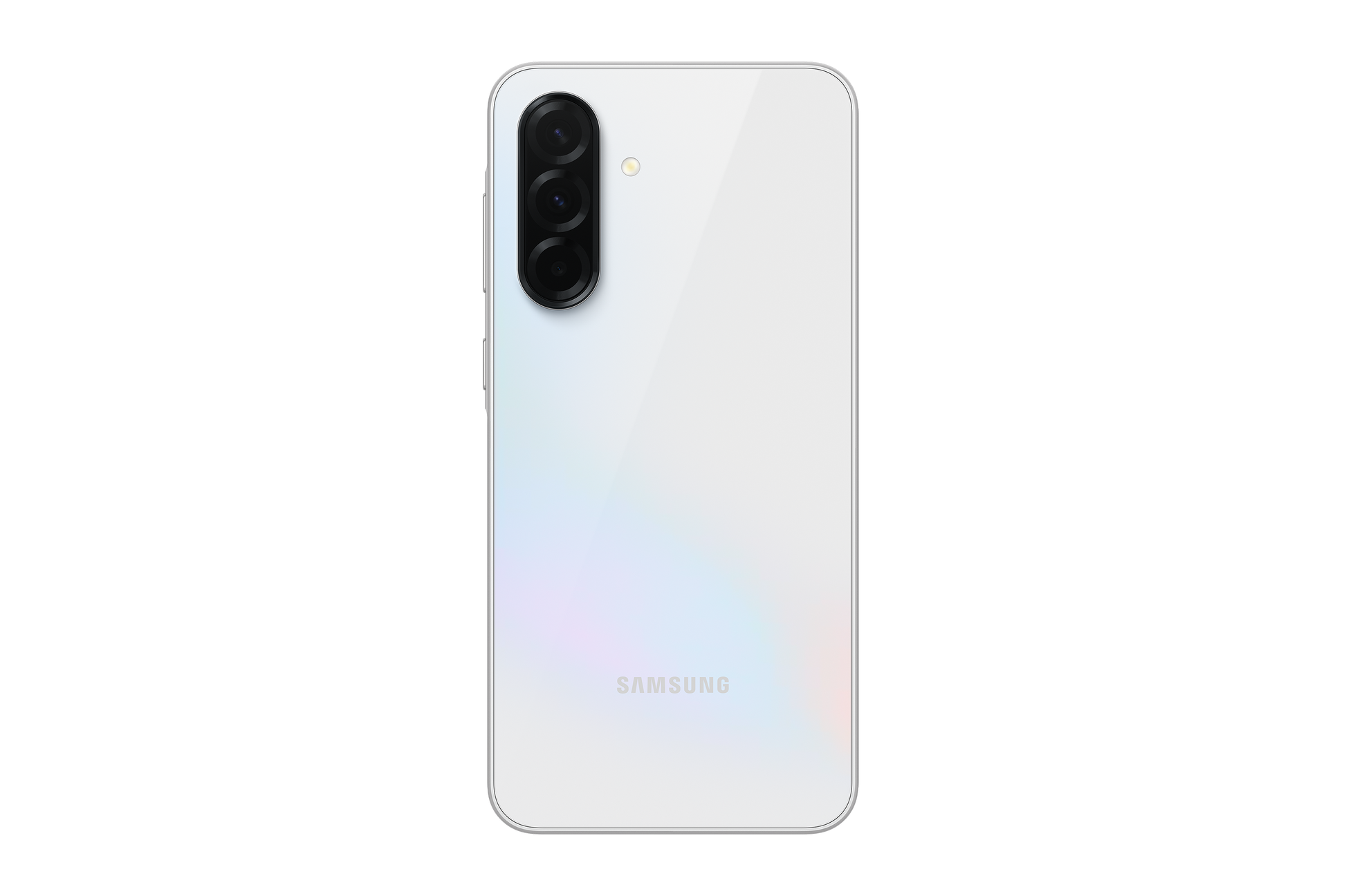 Galaxy A36 5G phone, white back view with triple camera lenses