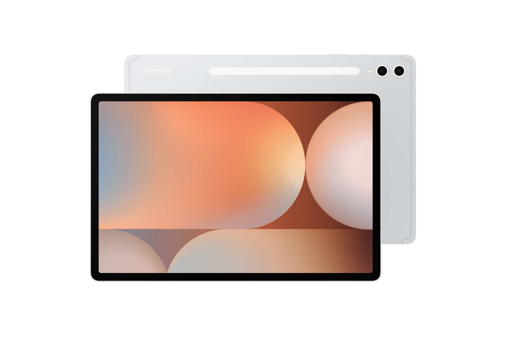 Galaxy Tab S10+ 5G front, orange abstract screen on Platinum Silver tablet