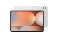 Galaxy Tab S10+ 5G front, orange abstract screen on Platinum Silver tablet