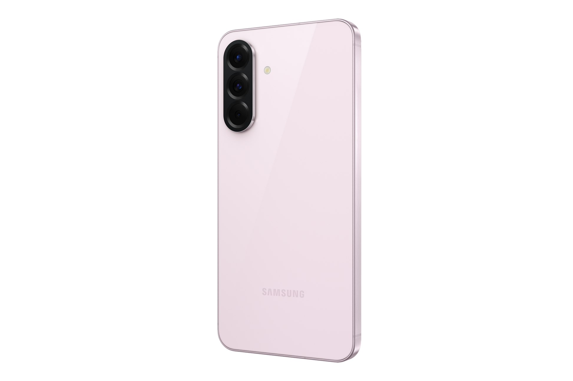 Pink smartphone back view with vertical triple camera module and Samsung logo