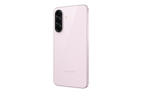 Pink smartphone back view with vertical triple camera module and Samsung logo