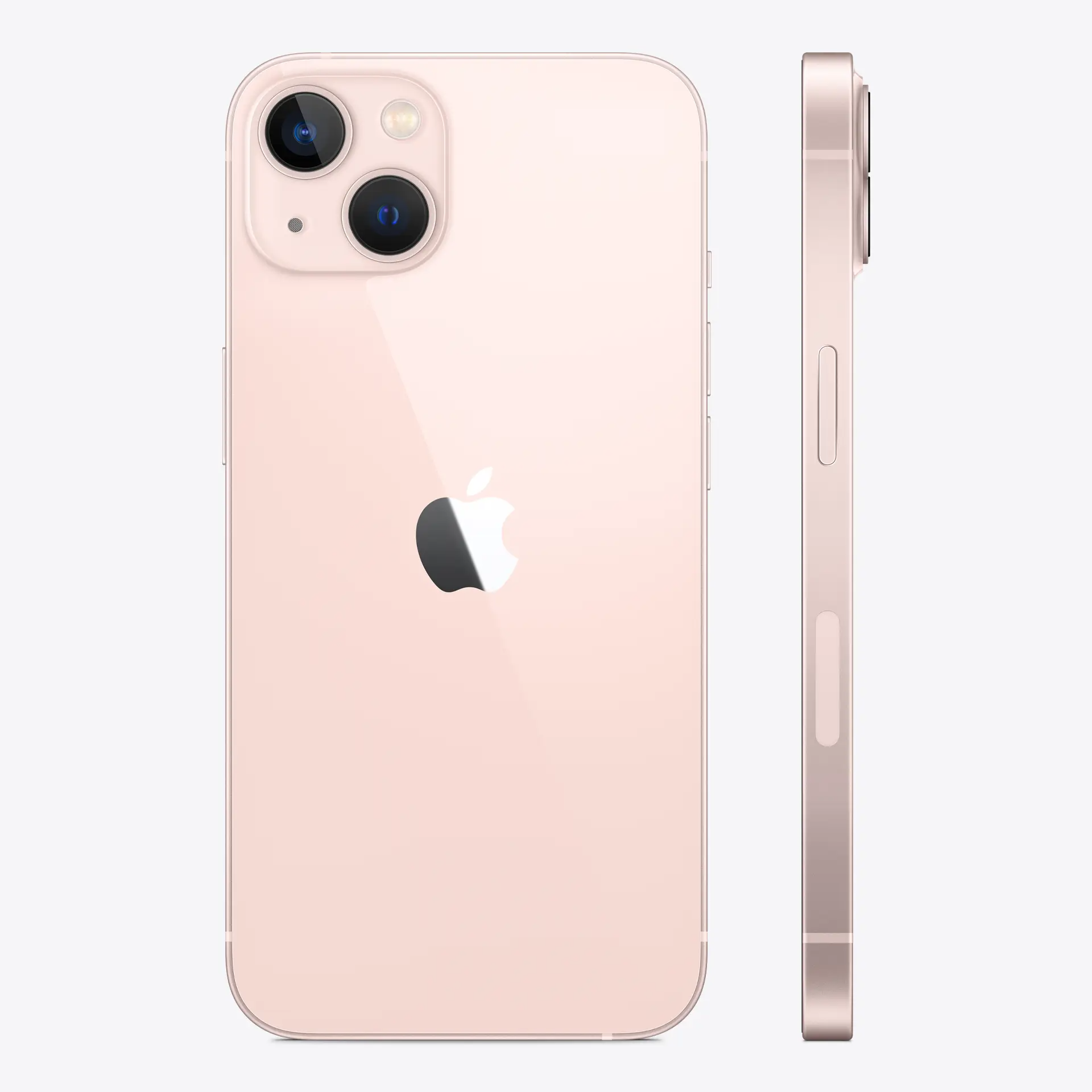 iPhone 13 5G back and side view in pink with dual rear cameras