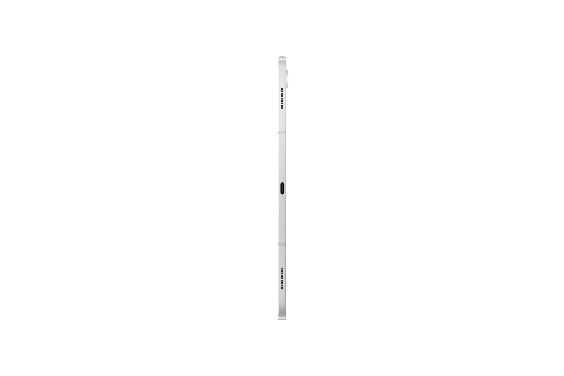 Galaxy Tab S10+ 5G side profile, Platinum Silver button and port