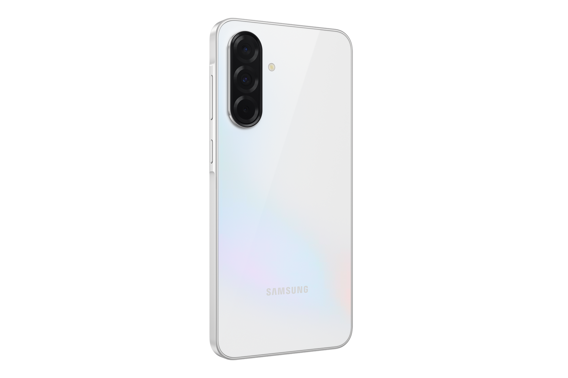 Galaxy A36 5G phone, white back angled view with camera module
