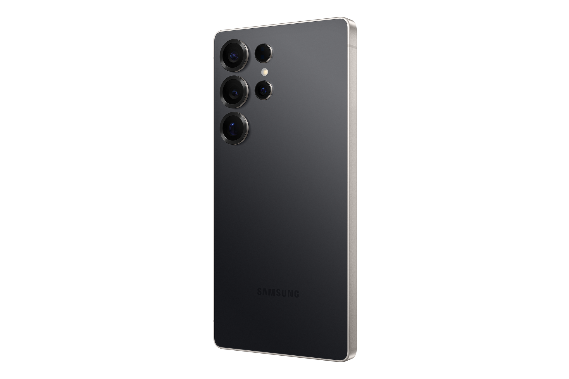 Black Samsung Galaxy S25 Ultra rear view, quad camera lenses on the back