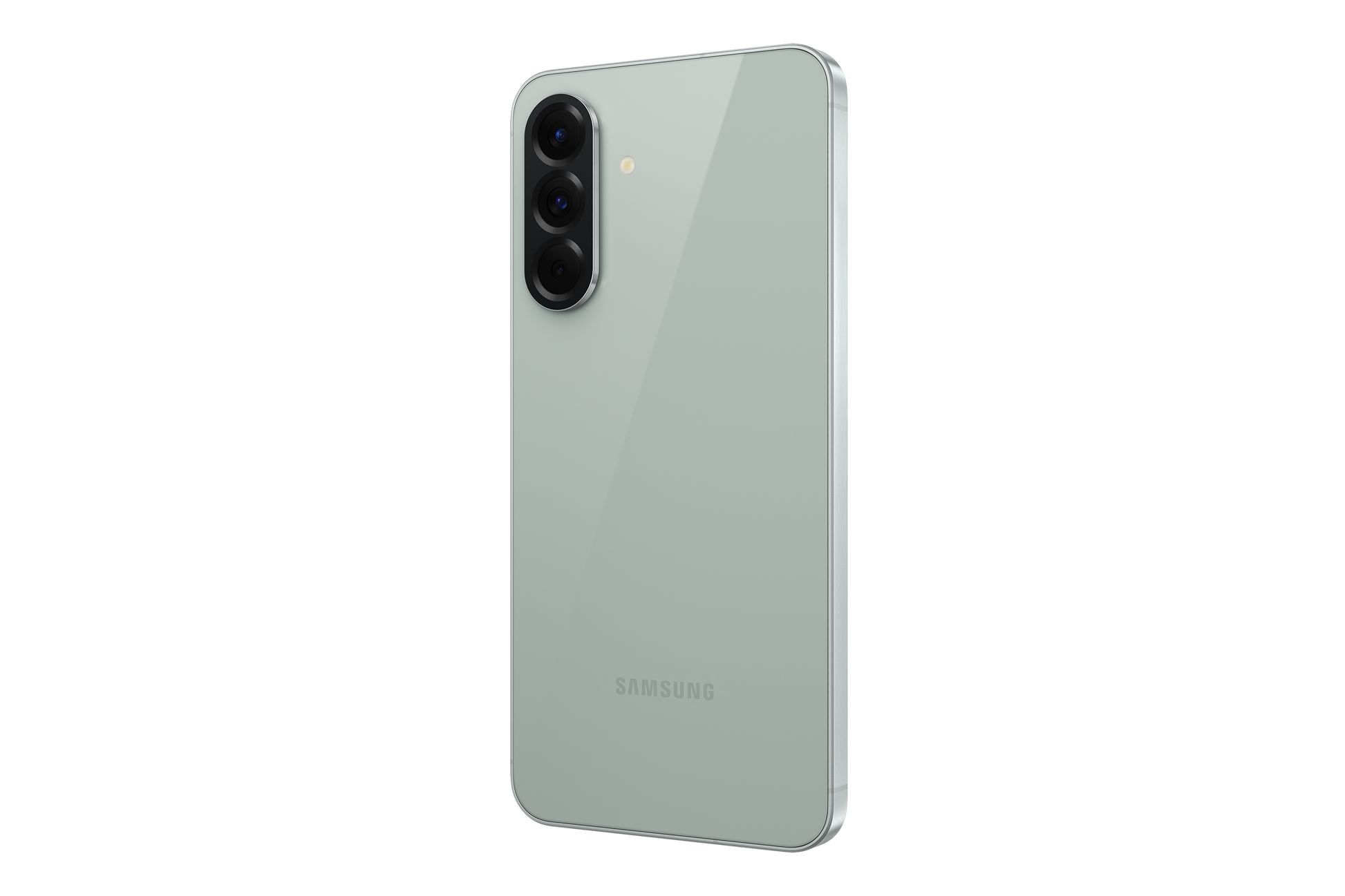 Samsung phone in light grey, side view of back with triple cameras