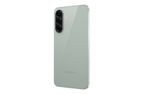 Samsung phone in light grey, side view of back with triple cameras