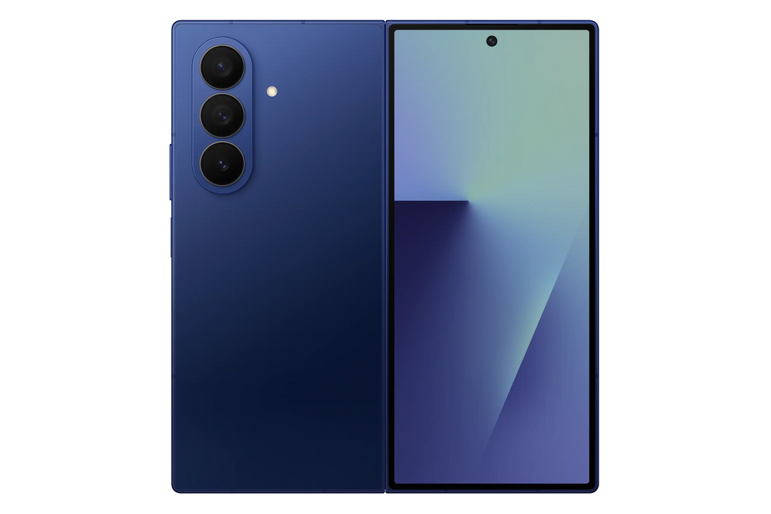 Samsung Galaxy Z Fold 7 foldable phone, blue back with triple camera, open