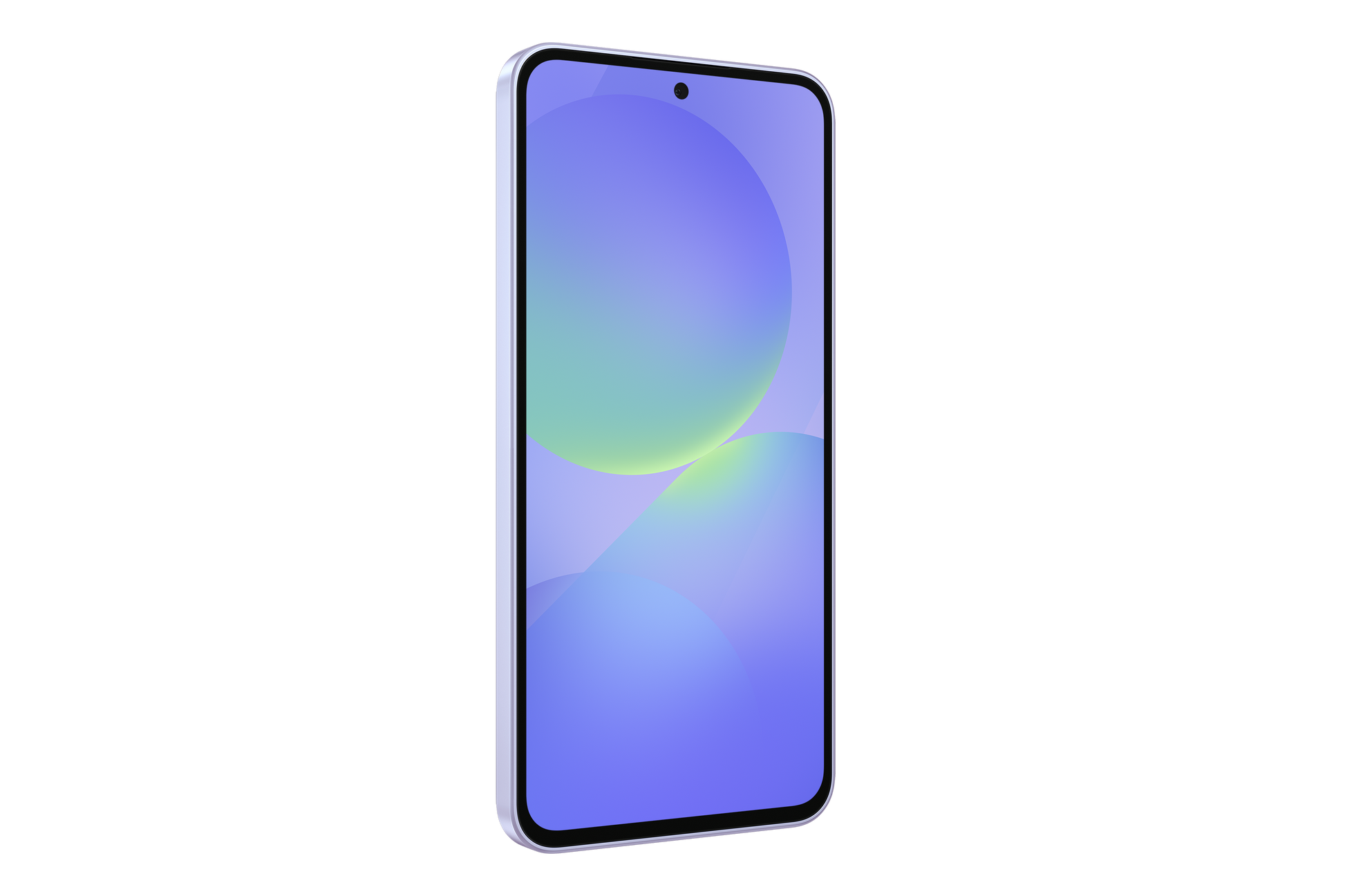 Galaxy A36 phone front, lavender display with abstract blue wallpaper