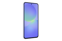 Galaxy A36 phone front, lavender display with abstract blue wallpaper
