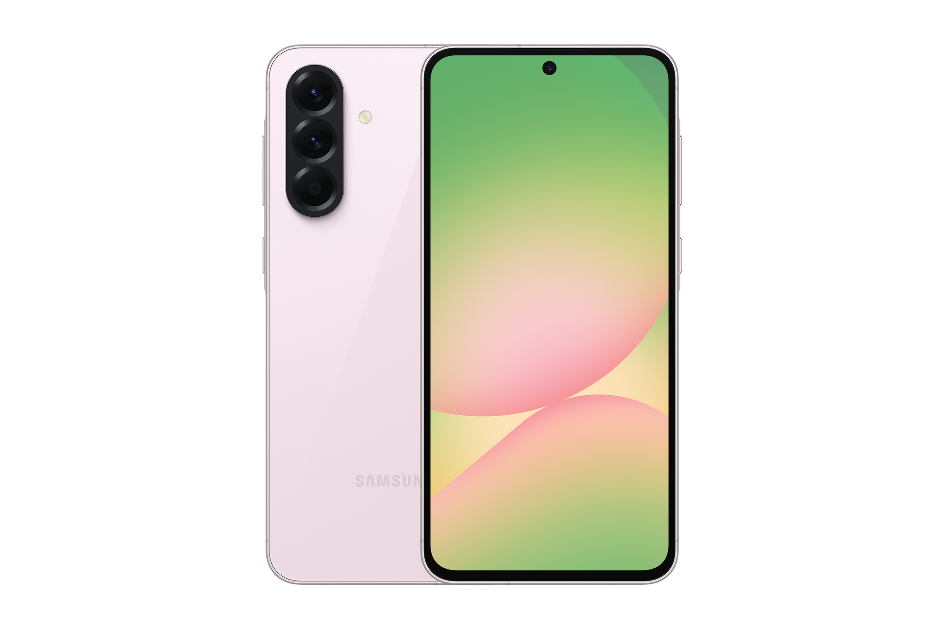 Pink smartphone front and back, green-to-yellow display and triple cameras