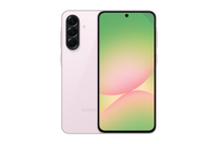 Pink smartphone front and back, green-to-yellow display and triple cameras