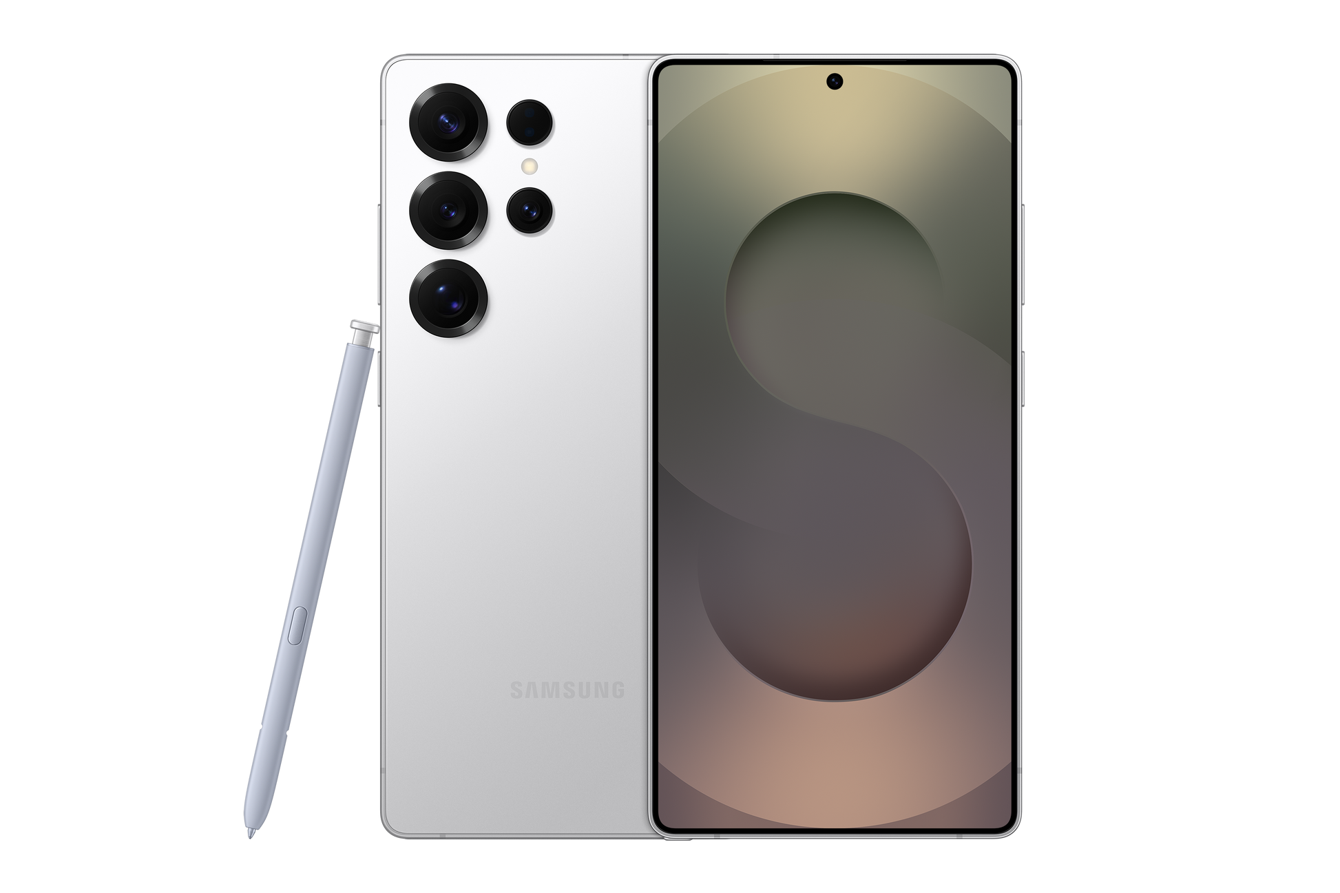 White Galaxy S25 Ultra with S Pen and dual-tone front display, rear camera array visible
