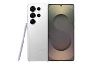 White Galaxy S25 Ultra with S Pen and dual-tone front display, rear camera array visible