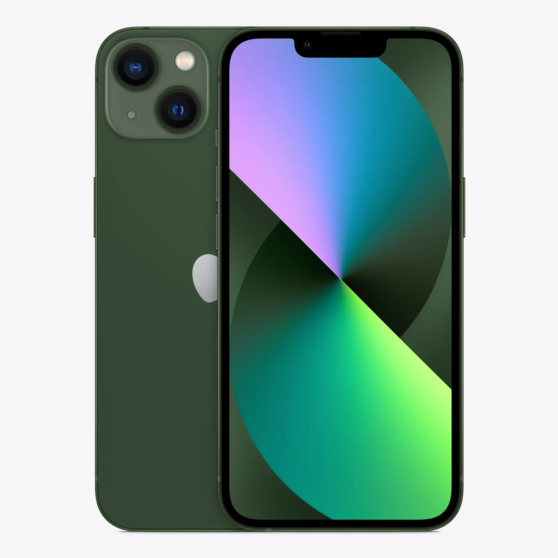 iPhone 13 5G front view in green with colorful wallpaper