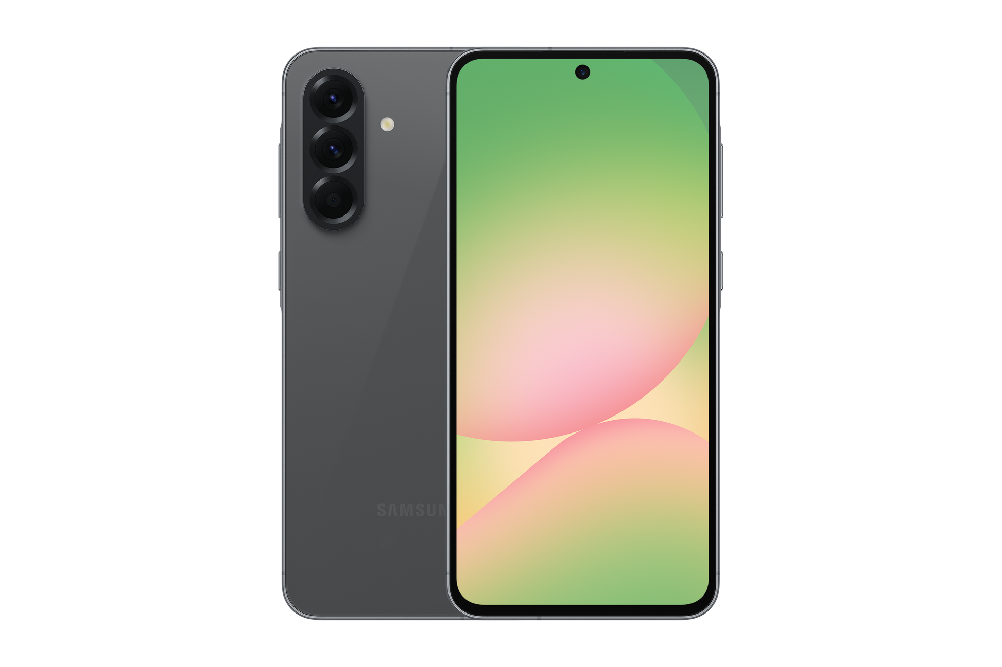 Samsung Galaxy A56 dual SIM smartphone in Graphite, front view with green display wallpaper