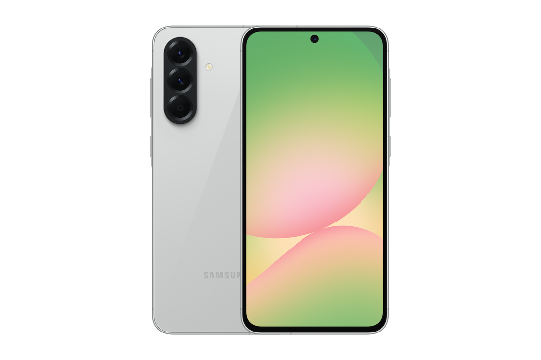 Samsung Galaxy A56 dual SIM smartphone in Lightgrey, front view with green display wallpaper